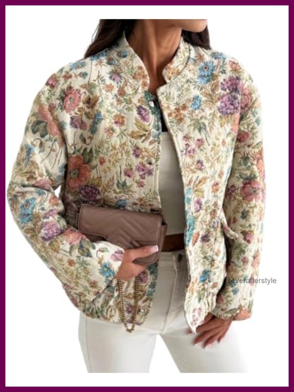 CHICME Women's Floral Jacquard Bomber Jacket Snap Button Vintage Coat